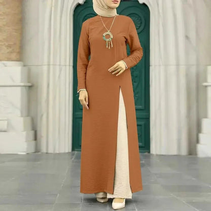 Elegant polyester dress with long sleeves, high slit hem, and available in caramel, black, blue, green, and pink colors