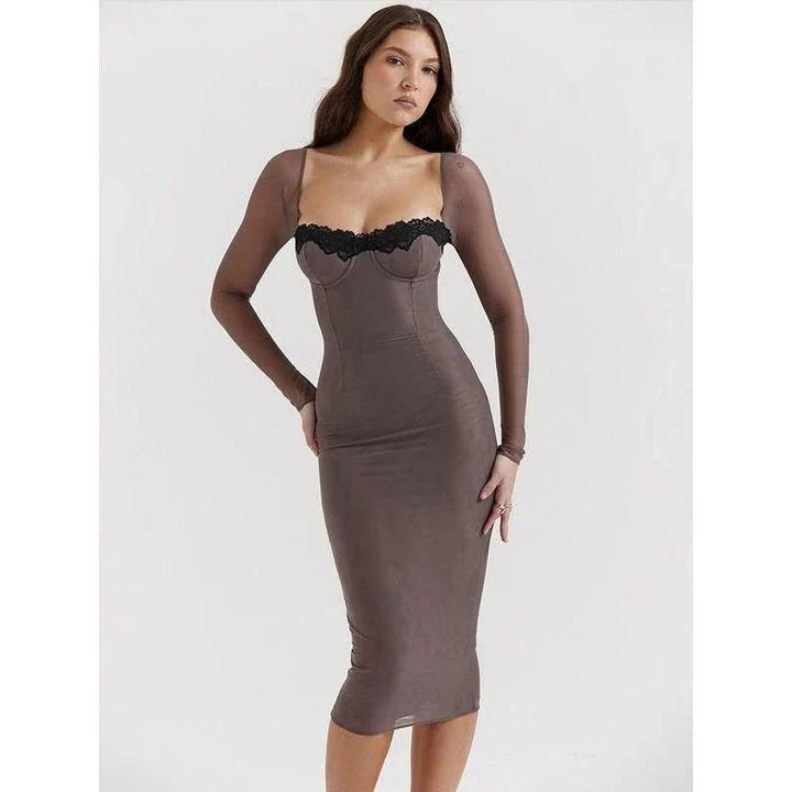 Elegant lace-trimmed mesh midi dress in gray, featuring a bodycon silhouette and strapless neckline for a sophisticated look.