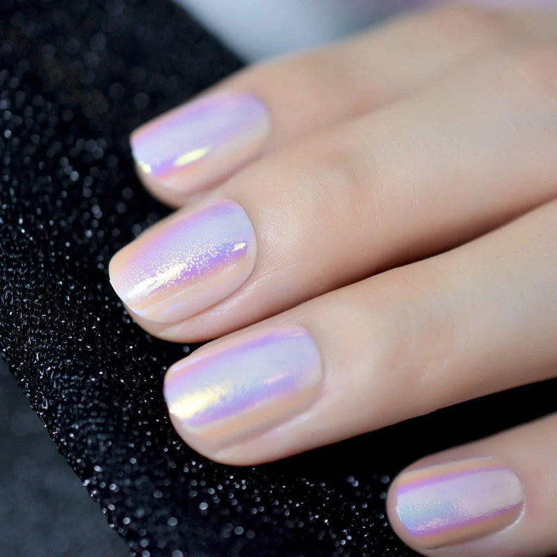 Hhomeenjoy Chrome Iridescent Salon-Quality Press-On Nails for Short Round Glossy Tips