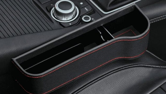 Multifunctional Car Seat Organizer with dedicated slots for phones, chargers, drinks, and cards, featuring a stylish polyurethane leather design.