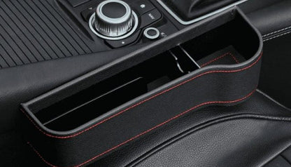 Multifunctional Car Seat Organizer with dedicated slots for phones, chargers, drinks, and cards, featuring a stylish polyurethane leather design.