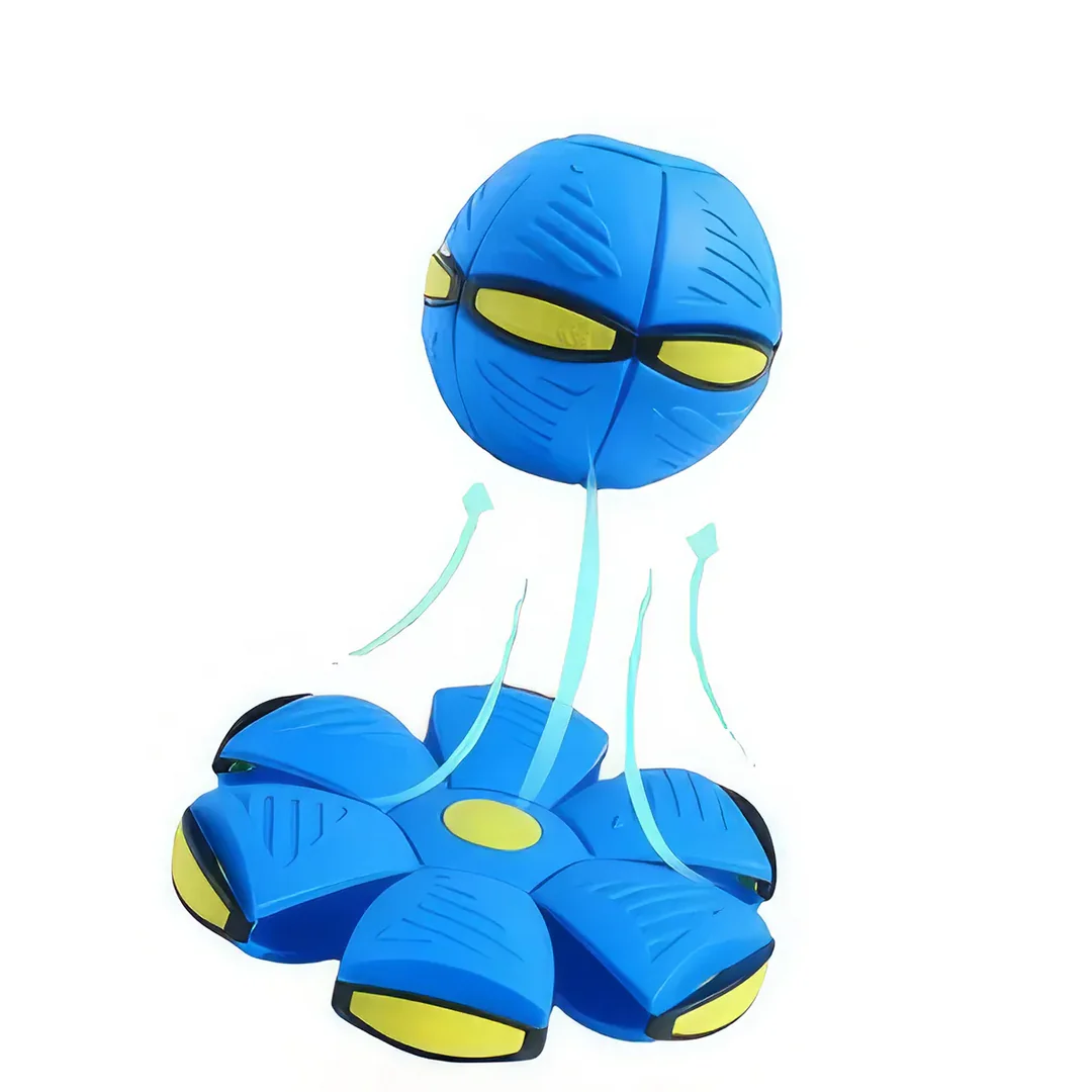 Transforming dog toy with UFO-shaped ball that changes shape for interactive outdoor play