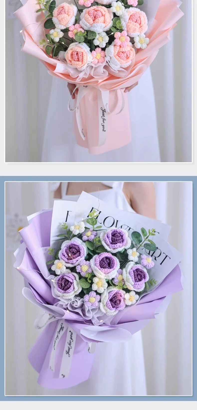 A knitted floral bouquet with vibrant flowers and LED lighting, creating a mesmerizing and elegant home decor piece.