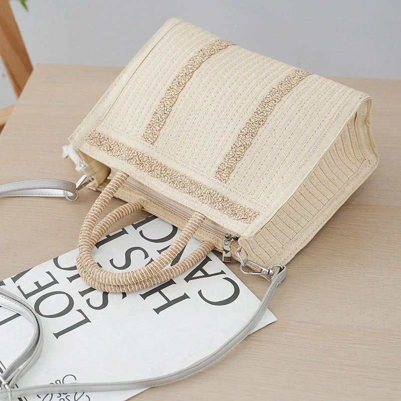 Large Capacity Women's Crossbody Tote Bag with Woven Pattern and Adjustable Strap