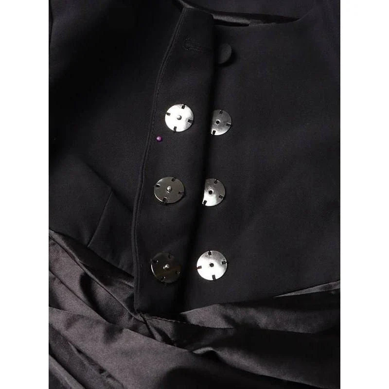 Elegant Slimming Spliced Button Coat in Black, featuring a slim fit, spliced design, and lace-up accents for a sophisticated look.