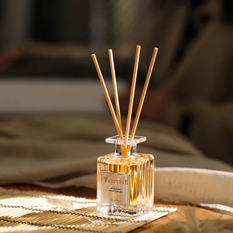 Romantic Manor Perfume Reed Diffuser Set with elegant glass bottle and wooden reeds, delivering a long-lasting, soothing fragrance to enhance your home's ambiance.