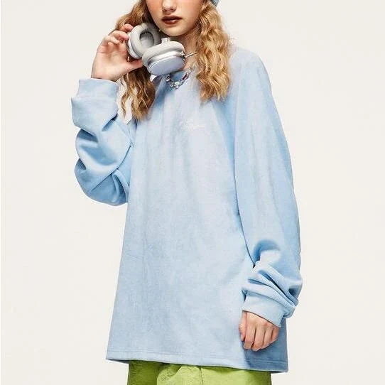 Cozy Embossed Faux-Suede Long-Sleeve T-Shirt in Blue with Unique Textured Design