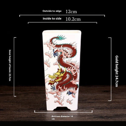 Elegant square ceramic planter in white with a Chinese-inspired design, suitable for indoor plants like asparagus fern and orchid.