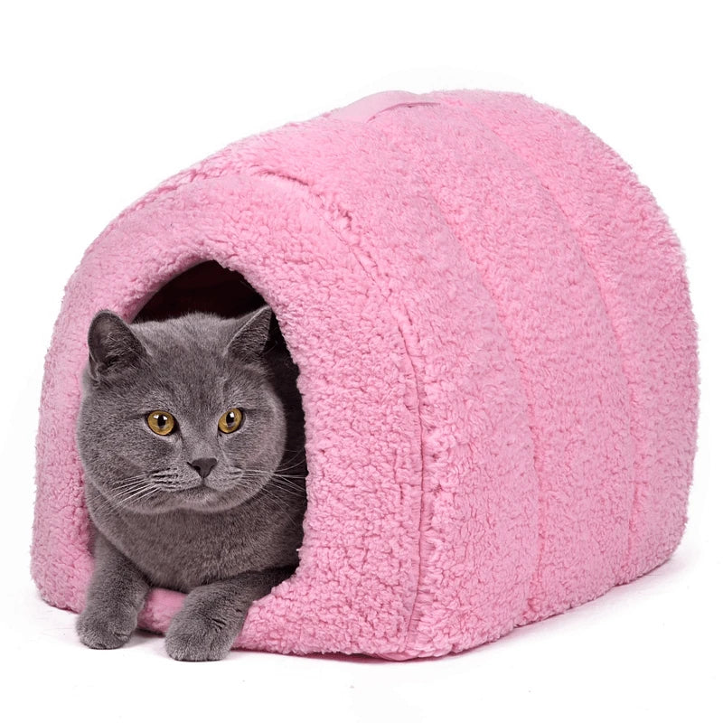 Arch-shaped cotton cat house with raised platform for cozy resting spot