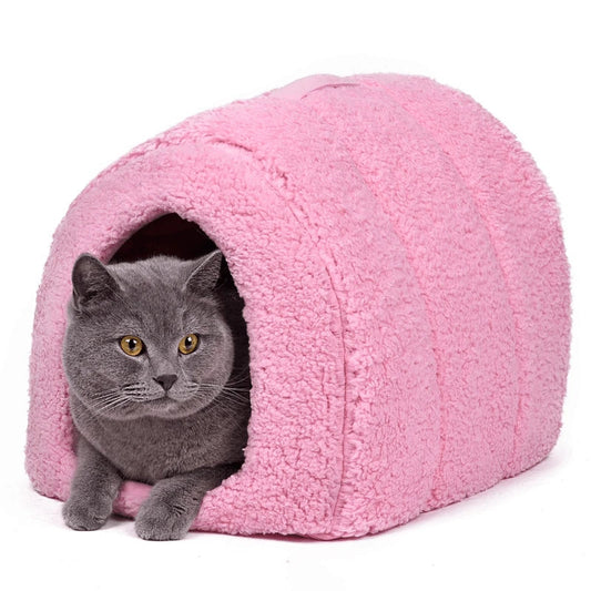 Arch-shaped cotton cat house with raised platform for cozy resting spot