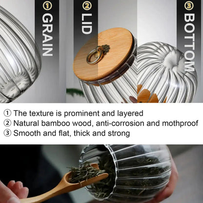 Elegant glass canisters with flower-shaped metal handles and airtight bamboo lids for stylish kitchen storage