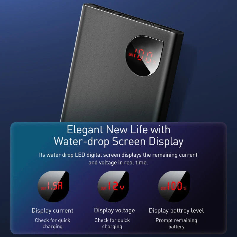 A sleek and durable metal power bank with a 10,000mAh capacity, quick-charging capabilities, and an LED display for easy monitoring.