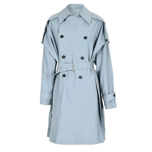 Elegant gray blue bat sleeve trench coat with double-breasted design, offering timeless style and modern comfort