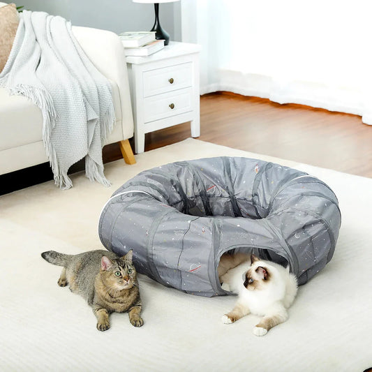 Cozy gray cat tunnel toy with plush mat, offering a fun and relaxing hideaway for cats and small dogs