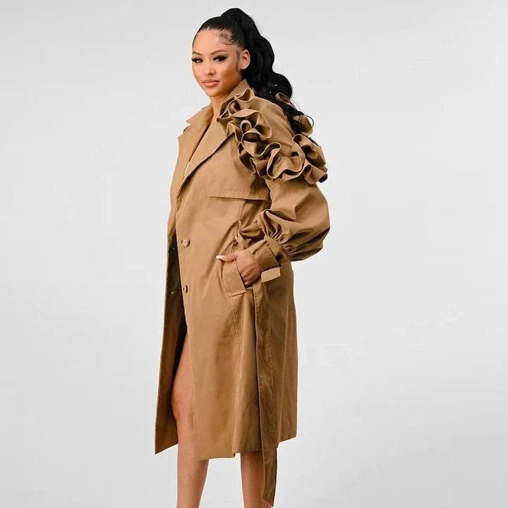 Frill Trim Windbreaker in Khaki color, featuring a turn-down collar and ruffle trim details for a sophisticated and timeless look.