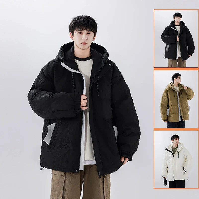 Premium youth insulated windbreaker jacket in black, beige, and brown colors with 90% white duck down insulation for warmth and wind protection
