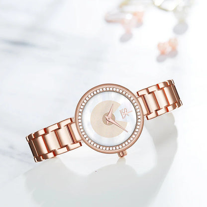 A fashionable stainless steel women's watch with diamond accents, waterproof design, and a modern quartz movement.