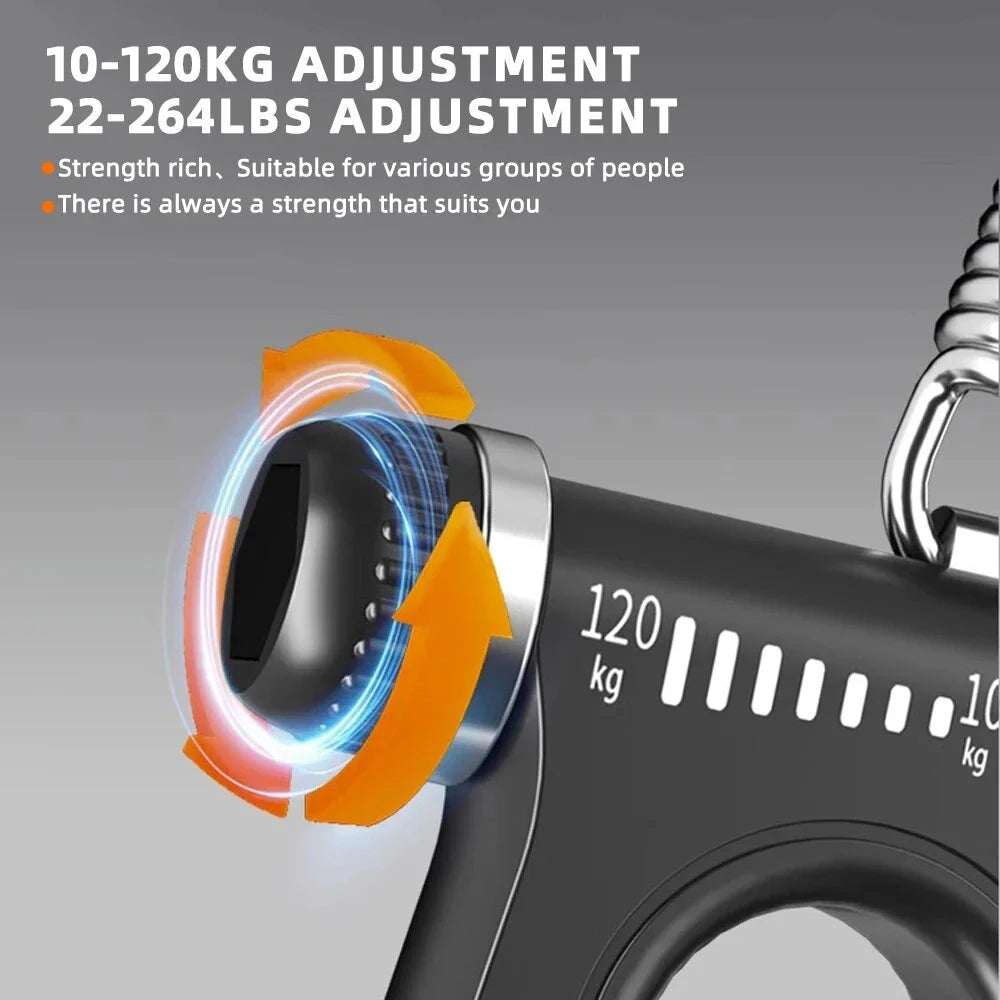 Adjustable electronic hand grip strengthener with digital counter, designed for fitness arm, wrist, and finger training