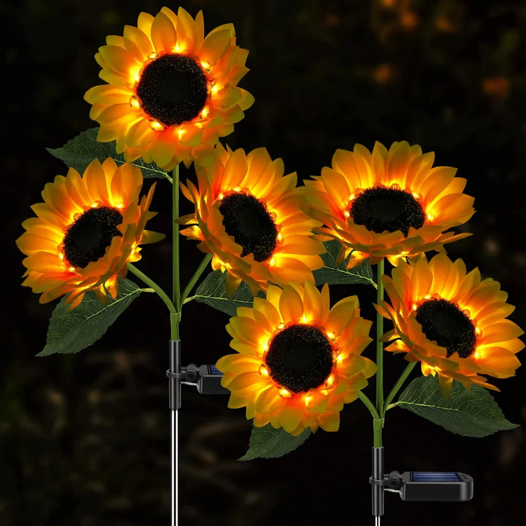 Realistic solar-powered sunflower garden lights for outdoor decor, illuminating a patio or backyard with a warm, enchanting glow.