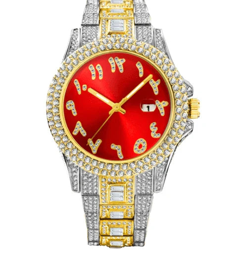 American-designed diamond-encrusted waterproof quartz watch with gold-plated stainless steel construction