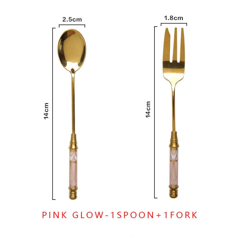 Elegant vintage gold and ceramic coffee, dessert fork and spoon set with hand-painted classical designs
