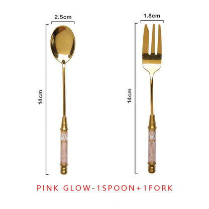Elegant vintage gold and ceramic coffee, dessert fork and spoon set with hand-painted classical designs