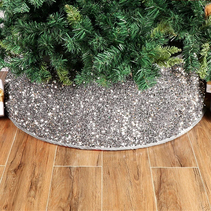 Sparkling Christmas tree skirt with shimmering silver gray sequins, adding a touch of holiday magic to your home decor