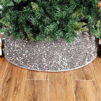 Sparkling Christmas tree skirt with shimmering silver gray sequins, adding a touch of holiday magic to your home decor