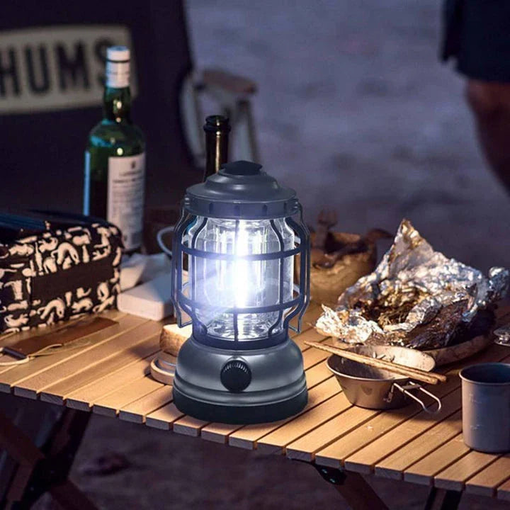 Bright and waterproof LED camping lantern with adjustable brightness and USB recharging capabilities