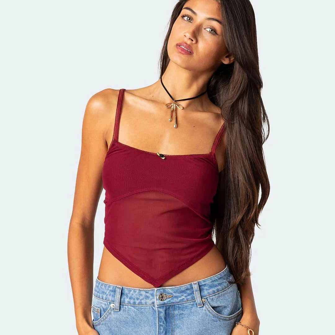 Chic mesh slim camisole top in claret color with floral appliqué design, perfect for summer wear
