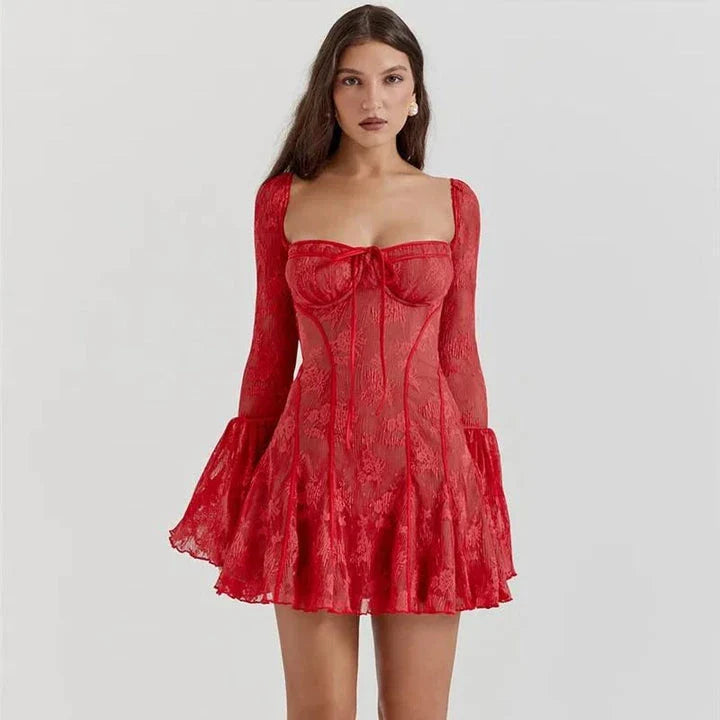 Elegant black mini dress with square neckline, backless design, and flare sleeves