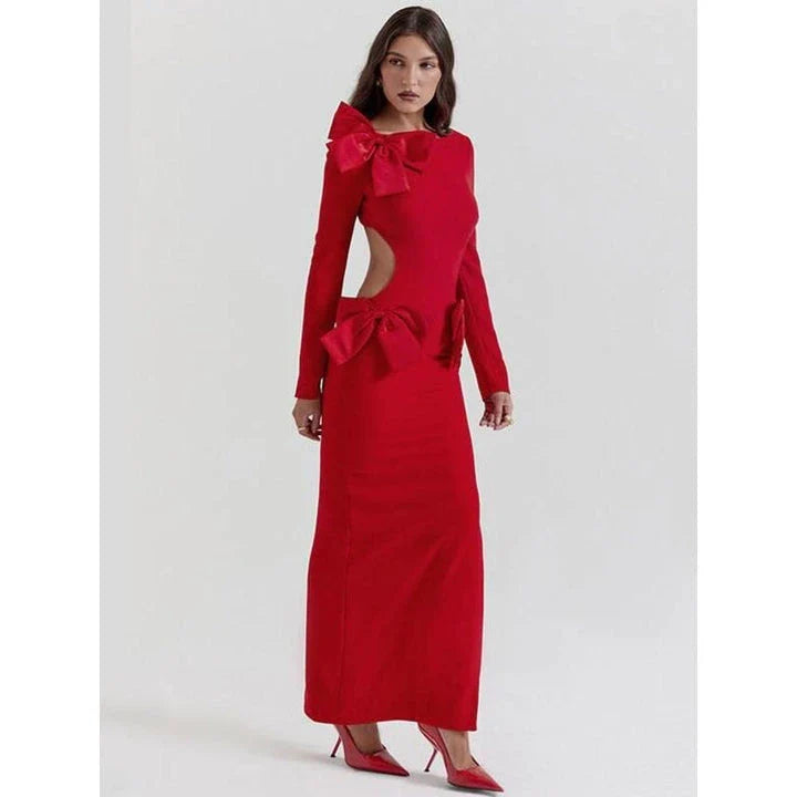 Chic and elegant red backless maxi dress with full-length sleeves and O-neck neckline, designed for sophisticated style and allure