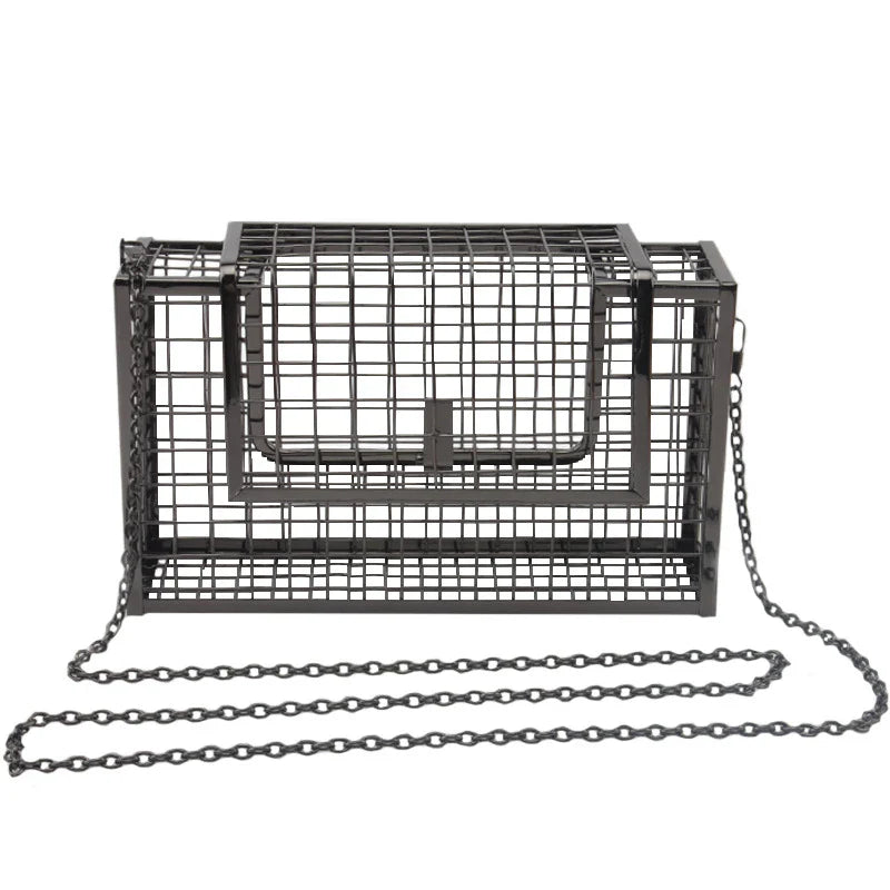 Metal shoulder bag with iron mesh design, adjustable chain strap, and compact size for versatile wear