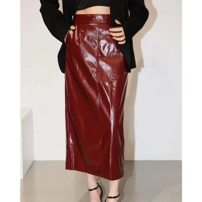 Reflective leather midi pencil skirt with a flattering high-waist design and eye-catching reflective material
