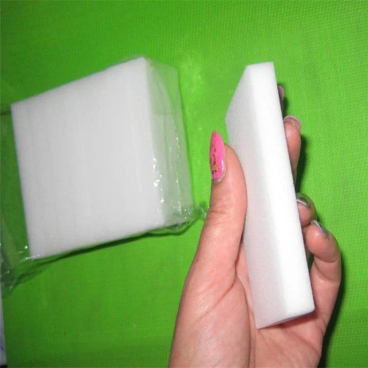 A set of 10 white melamine cleaning sponges, versatile and effective for removing stubborn stains and grime from various surfaces