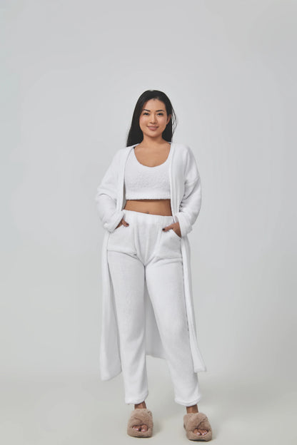 Cozy 3-piece loungewear set in pastel colors including crop top, wide-leg pants, and matching cardigan