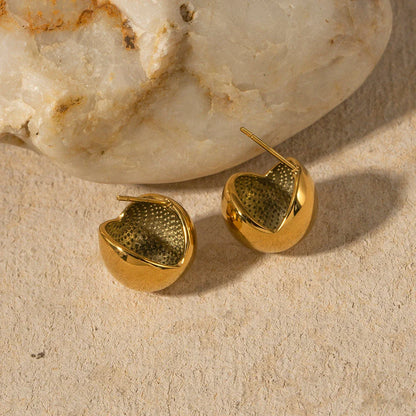 Elegant 18K gold-plated cutout earrings with a sleek hemispherical design, perfect for formal events and everyday wear.