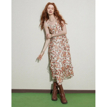 Elegant French floral midi dress with V-neck and spaghetti straps for a sophisticated, versatile look