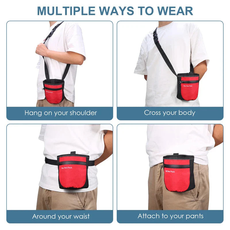 A durable and waterproof dog treat pouch with a magnetic closure, large capacity, and versatile wearing options for hands-free training sessions.