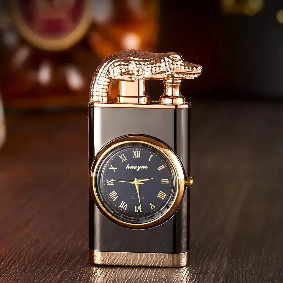 Premium dual-flame metal lighter with a distinctive crocodile head design, providing both style and functionality for outdoor and indoor use.