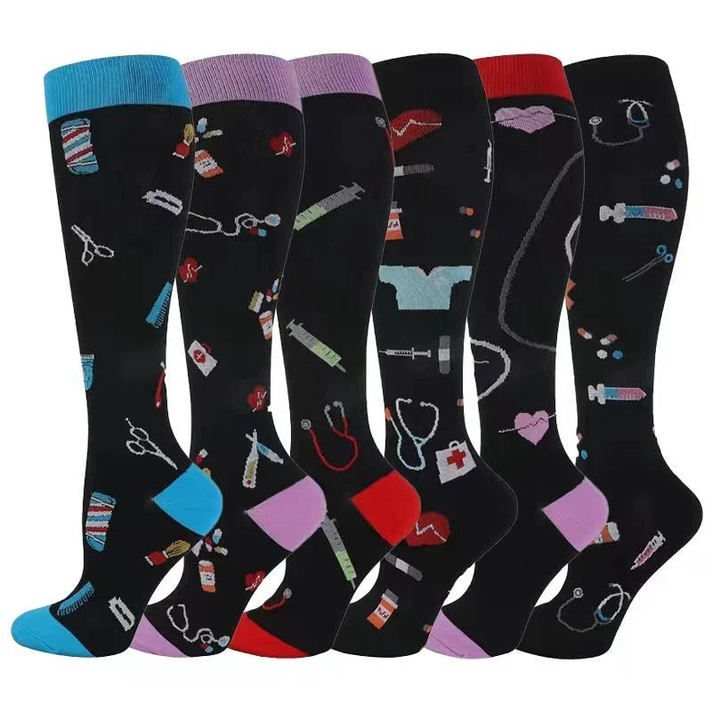Pairs of long tube compression sports socks in a variety of stylish color combinations
