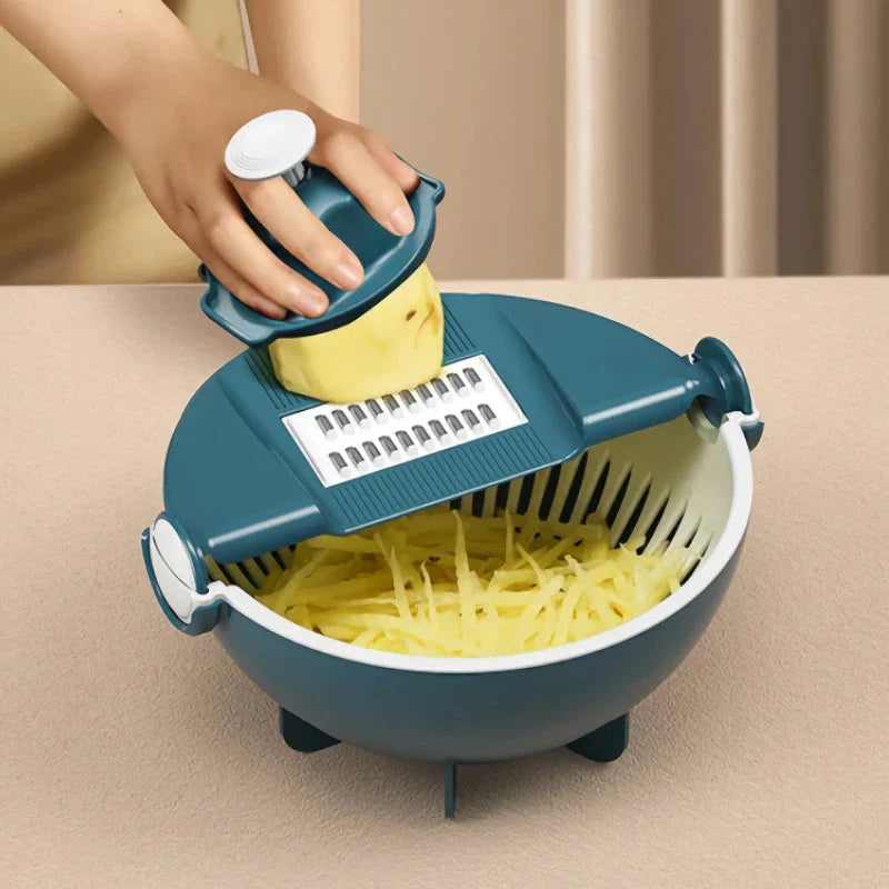 Multifunctional 2-in-1 Vegetable Slicer and Fruit Strainer with slicing disc, grater, and spiralizing accessories