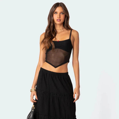 Chic mesh slim camisole top in claret color with floral appliqué design, perfect for summer wear