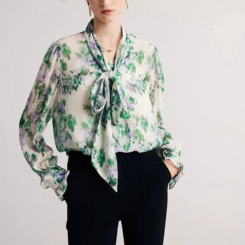 Elegant floral silk-blend bow collar blouse for professional women with a comfortable and flattering fit