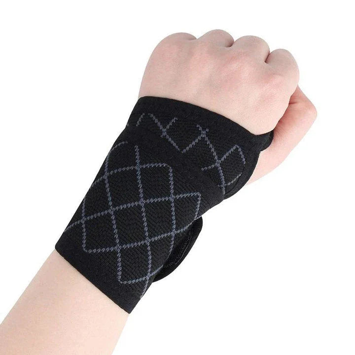 Premium sports wrist brace made of breathable spandex material with adjustable compression for customized support and pain relief during physical activities.