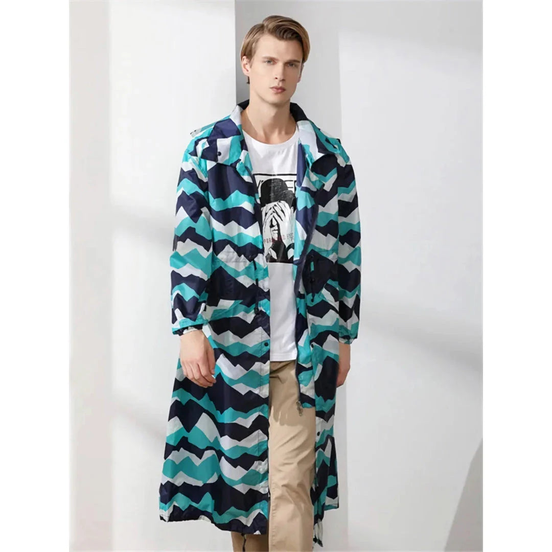 Men's long waterproof raincoat in light green color, made of high-quality Polyester Pongee fabric for durable, breathable, and weather-resistant performance.
