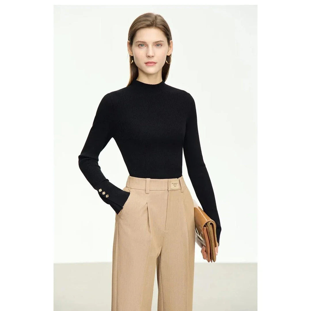 Autumn Elegance Mock Neck Women's Slim Pullover in blue, featuring a sophisticated mock neck design and a sleek, tailored fit.