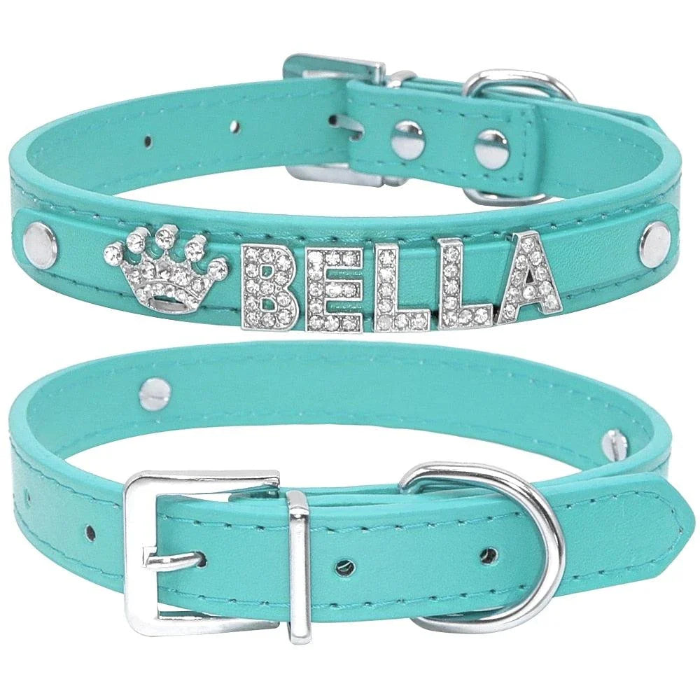 Elegant leather dog collar with shimmering crystal embellishments, perfect for adding a touch of luxury to your pup's style.