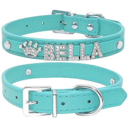 Elegant leather dog collar with shimmering crystal embellishments, perfect for adding a touch of luxury to your pup's style.