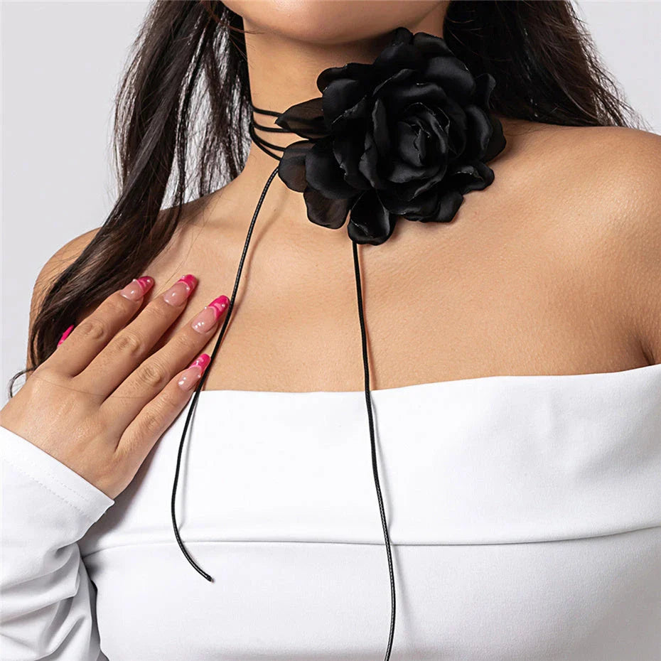 Elegant Rose Flower Statement Choker Necklace for Women - Premium French Velvet, Adjustable Fit, Bold Floral Pendant